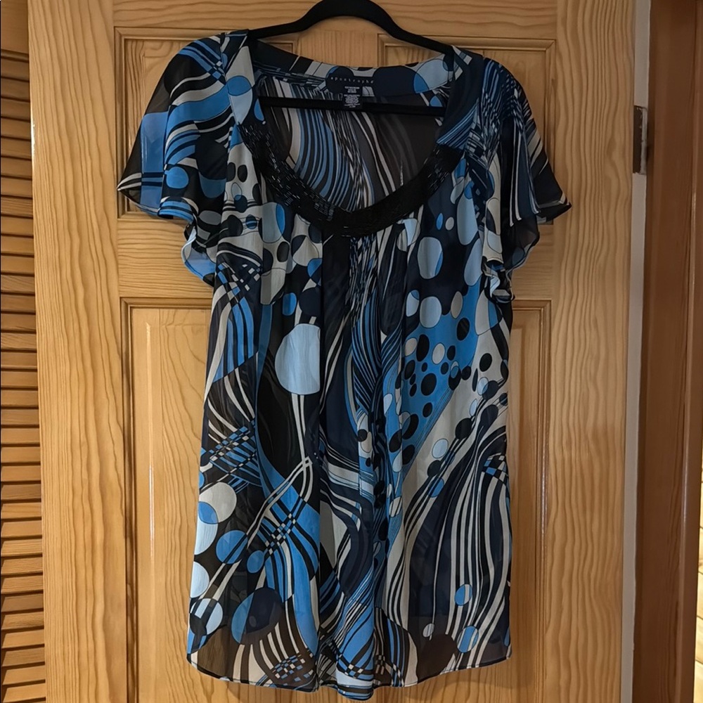Apostrophe Blue and Black Flutter Sleeve Blouse